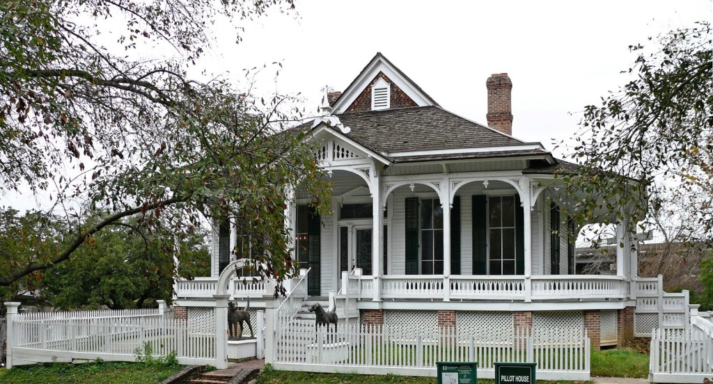 Pillot House, built in 1868 at McKinney and Chenevert (now the site of the George R. Brown Convention Center), moved to park in 1965.